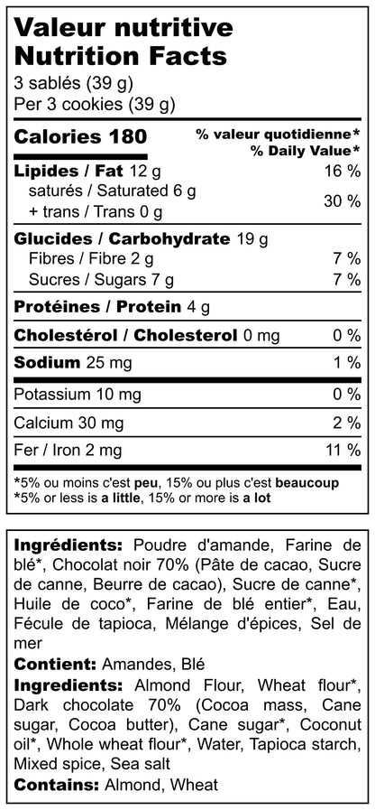 Cette image montre le Tableau de Valeurs Nutrtivies de nos biscuits amande, épices et chocolat ; pour 3 biscuits et 39g, il y a seulement 7g de sucre ; nous n'utilisons pas de beurre et d'oeufs et les remplaçons par l'huile de coco désodorisée pour une version végane
