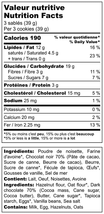 Cette image montre le Tableau de Valeurs Nutrtivies de nos biscuits sablés noisette, avoine et chocolat ; pour 3 biscuits et 39g, il y a seulement 7g de sucre ; nous utilisons dans nos recettes des farines de noisette et d'avoine, ce qui en fait un produit pour les intolérants au gluten (mais pas pour les scéliaques)