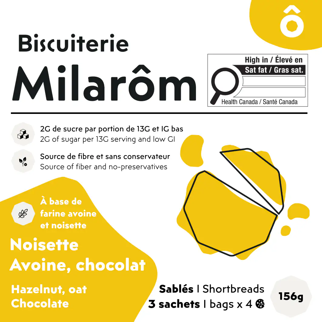 Cette image montre l'étiquette avant de notre boîte de 12 biscuits sablés à la noisette, avoine et chocolat ; nous avons choisi une couleur jaune paille pour ce produit ; nous utilisons dans nos recettes des farines de noisette et d'avoine, ce qui en fait un produit pour les intolérants au gluten (mais pas pour les scéliaques)